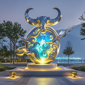 نحت بقر كبير من الفولاذ المقاوم للصدأ في الهواء الطلق ، تصميم عصري ، حديقة دائمة ، منظر طبيعي ، زينة فنية - Product Image 3