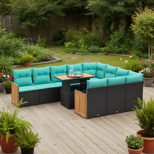 Ensemble de canapés de patio en polyrotin noir et acacia, 11 pièces, mobilier d'extérieur modulaire avec coussins - Product Image 2