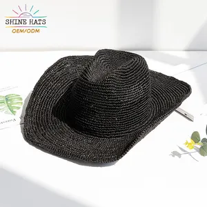 Shinehats OEM Custom Women's Sun Beach 2024 Chapeau Hat And Bag Set Lady Panama Summer Sombrero Raffia Black Straw Hats