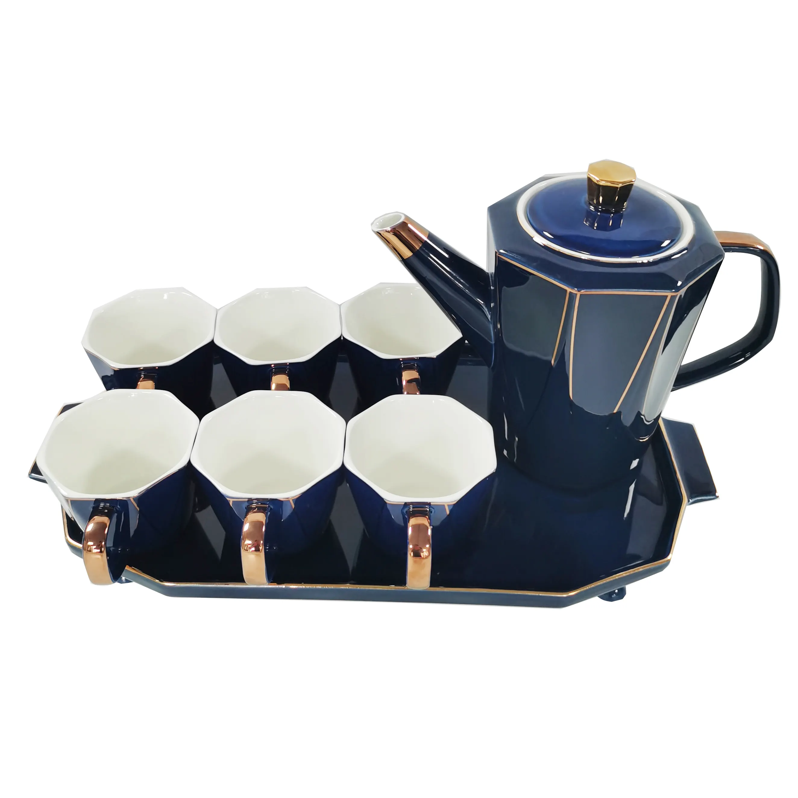 8Pcs with six Cups Luxury Porcelain Coffee Tea Set with Gold rim Ceramic Tea Pot and Cup Set for gift