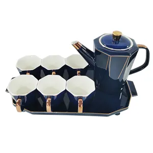 8Pcs With 6 Cups Luxury Porcelain Coffee Tea Set With Gold Rim Ceramic Tea Pot And Cup Set For Gift