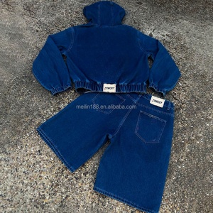 Clothing Custom Outfits <b>Pullover</b> Acid Wash Zip up Hoodies Jeans Denim <b>Jackets</b> and Jeans Shorts Set Jogging Suit Denim Set <b>Men</b> - Product Image 1