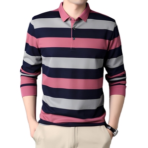 Polo de Punto a Rayas de Manga Larga para Hombre, Diseño Casual con Botones al Frente, Rosa, Azul Marino, Gris - Product Image 1