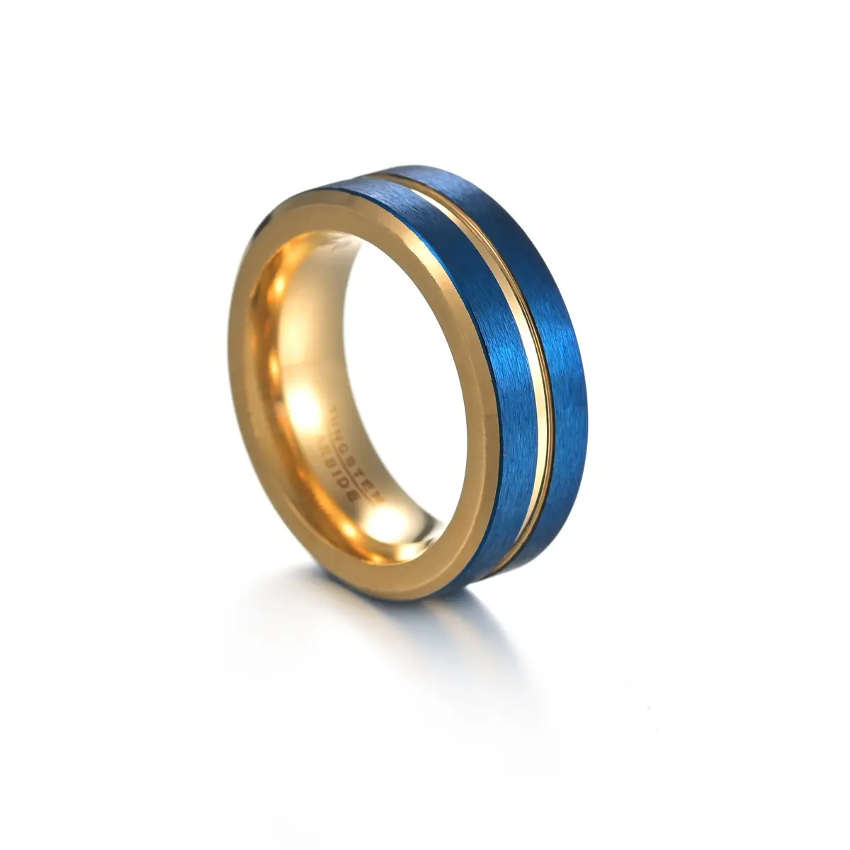 8MM Simple Gold Blue Carbon Fiber Ring Mens Two Tone Tungsten Steel Grooved Ring