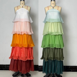 Vestido Largo <span class=keywords><strong>Elegante</strong></span> J3405 <span class=keywords><strong>para</strong></span> <span class=keywords><strong>Mujer</strong></span>, Estilo Halter con Parches de Color, Sin Mangas, Vestido Maxi de Varias Capas <span class=keywords><strong>para</strong></span> Fiesta - Product Image 6
