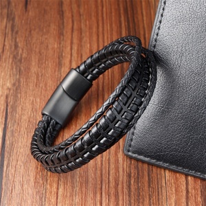 Wholesale Leather Cuff Bracelet <b>Bangles</b> Stainless Steel Clasp Genuine Leather Bracelet Multi-Layer Braided <b>Mens</b> Leather Bracelet - Product Image 2