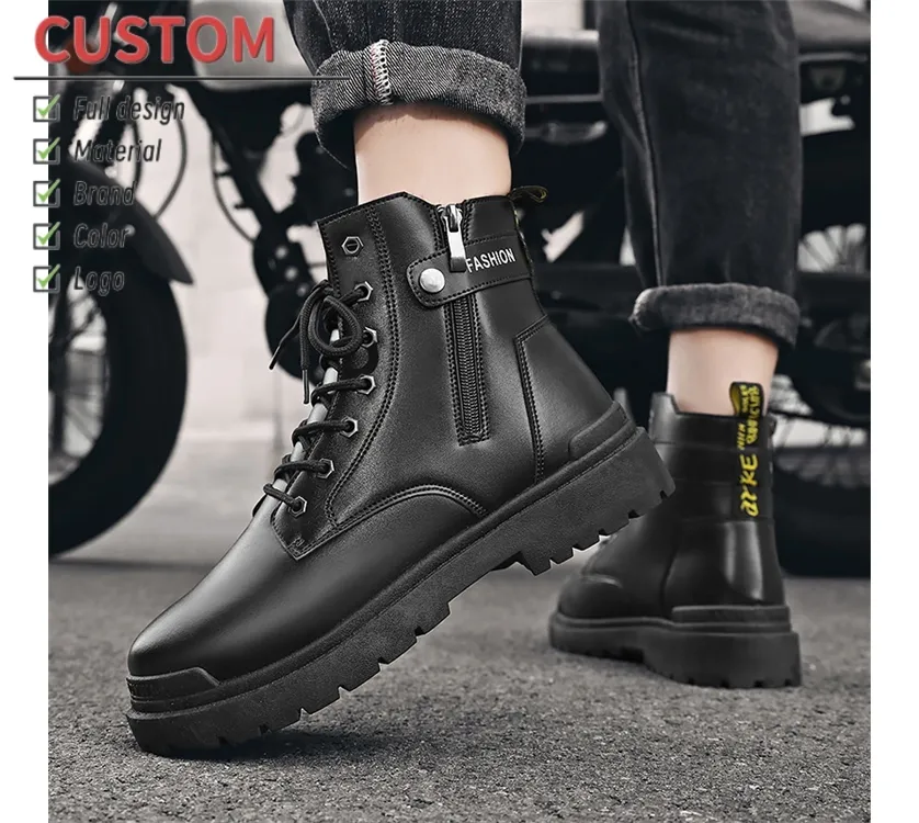 Botas Martin de couro para homens, botas casuais unissex de PU à prova d'água estilo britânico pretas, novidades da moda