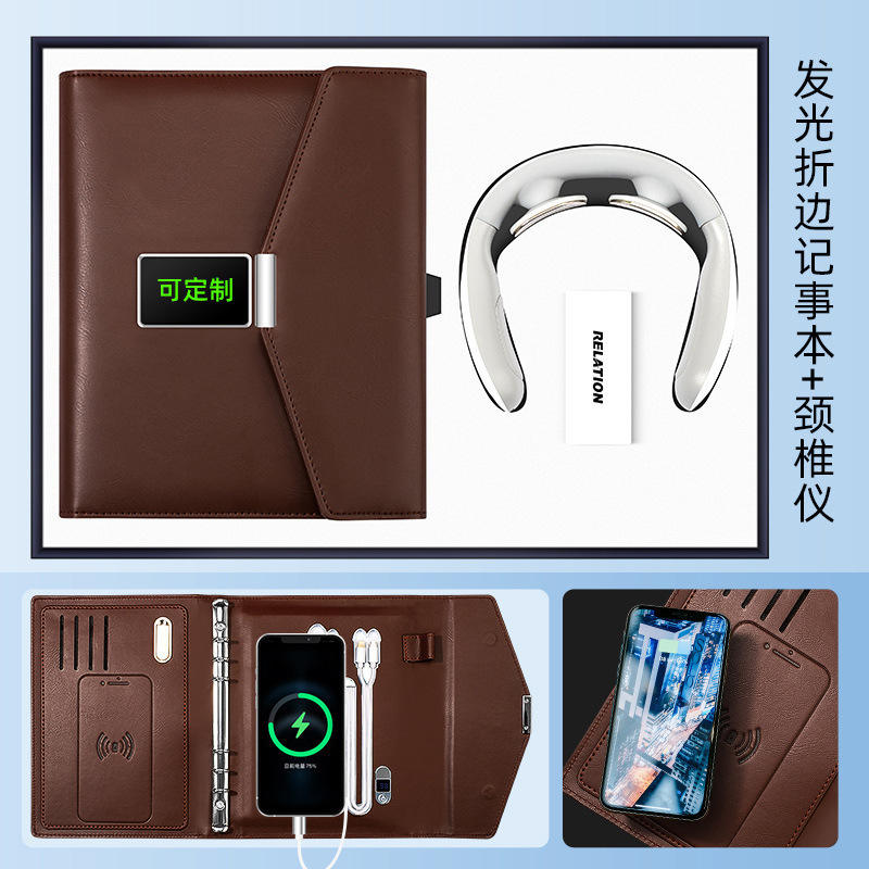 พาวเวอร์แบงค์ LED ไร้สายแบบพับครั้งเดียว พร้อมแหล่งจ่ายไฟในตัว 8kW และแฟลชไดรฟ์ USB 32GB; ชุดนวดคอ F6 สองชิ้น -- สีน้ำตาล