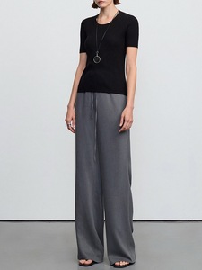 <span class=keywords><strong>Pantaloni</strong></span> Larghi da Donna OEM in Misto <span class=keywords><strong>Lino</strong></span> Traspirante, <span class=keywords><strong>Grigio</strong></span> e Nero, con Elastico in Vita e Coulisse, Gamba Dritta e Larga, per Ufficio e Casual - Product Image 1