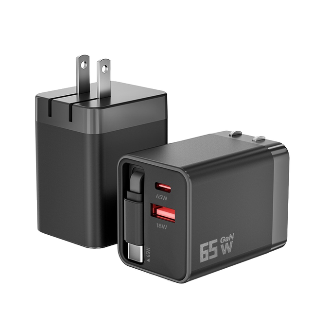 GaN 65W Retractable Cord Fast Charger US Type with QC3.0 & QC4.0 PD Type-C for Smart Watches for ABS Material