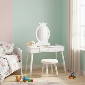 Princess <b>Makeup</b> Table Set With Cushioned <b>Stool</b> For Kids Wooden White Furniture - Product Image 2
