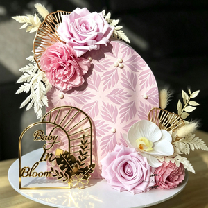 Décoration de gâteau en acrylique doré « Bébé en fleurs » avec arche et feuilles florales pour fête prénatale, fournitures de décoration de gâteaux - Product Image 1