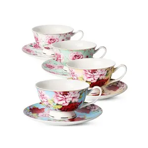 Japanese style 8OZ New Bone China custom logo Rose Floral Porcelain Tea Cups and Saucers ceramic mugs and plates