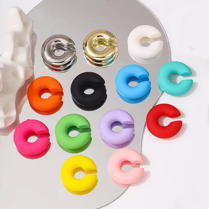 Acrylic Circle Clip on Earrings for Women Frost Colorful Chunky Round Ear Cuff Statement Tube Thick Earclips Jewelry