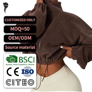 เสื้อฮู้ดครอปสำหรับผู้หญิงแบบสปอร์ตสำหรับออกกำลังกาย พิมพ์ลายโลโก้ คอซิป มีเชือกผูกเอว แบบลำลอง - Product Image 1