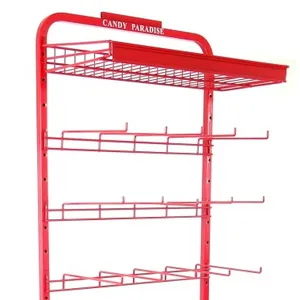 Supermarket promotional grocery metal rack with Candy, 6 layers metal display shelf with hanging hooks