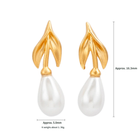 Kalung & Anting Mutiara Tetes Air Daun Bambu Perak S925 Lapis Emas Matte Set Perhiasan Elegan untuk Wanita