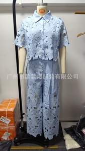 Setelan Kasual Wanita 2 Pcs, Kemeja Pendek Blus & Celana Kulot, Elegan, Cocok untuk Musim Panas, Motif Bunga, Kemeja Pendek Berenda 3674 - Product Image 6