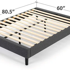 Marco de cama de plataforma tapizada, base de colchón, soporte de listón de madera, sin resorte de caja, fácil montaje, gris