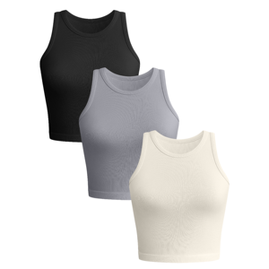 Women's Ribbed Crew Neck Sleeveless <b>Crop</b> Tank <b>Top</b> Solid Color Breathable Yoga <b>Top</b> Regular Fit Adult Sportswear - Product Image 1