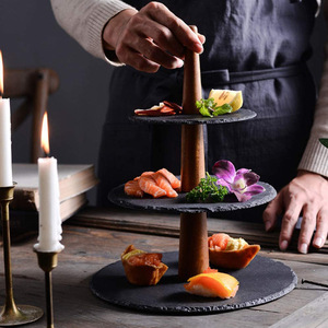 Assiette à Sushi à 3 Niveaux Nordic Retro <span class=keywords><strong>Vintage</strong></span> Rustic Wood Black Slate Dessert Wedding Cup Cake Stand - Product Image 5