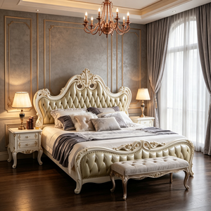 Cadre <span class=keywords><strong>de</strong></span> lit King Size pour chambre principale <span class=keywords><strong>de</strong></span> villa, avec tête <span class=keywords><strong>de</strong></span> lit capitonnée en cuir à motif ondulé et pied <span class=keywords><strong>de</strong></span> lit sculpté en bois massif, mobilier <span class=keywords><strong>de</strong></span> chambre - Product Image 6