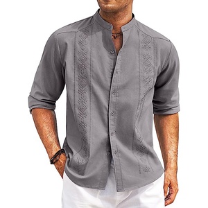 Nam giản dị Linen Áo sơ mi Cuban guayabera dài tay áo bãi biển Áo sơ mi <span class=keywords><strong>collarless</strong></span> nút xuống t Áo sơ mi - Product Image 2