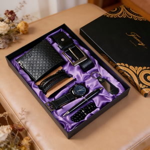 ชุดของขวัญสำหรับผู้ชาย Fancy & Yc DW2036 ประกอบด้วยเข็มขัด + กระเป๋าสตางค์ + นาฬิกาควอตซ์ + สร้อยข้อมือ 3 เส้น + พวงกุญแจ + ปากกา + ลูกประคำ + กล่องของขวัญสุดหรู - Product Image 4