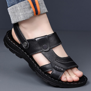 Men's First Layer Cowhide Sandals <b>Flat</b> Thick Sole <b>Summer</b> Casual Shoes Brown Black Slip On Style 9801 - Product Image 2