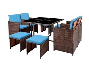 9 buah furnitur luar ruangan teras meja makan Set dengan ruang hemat kursi rotan tempat duduk empuk dan belakang (biru)