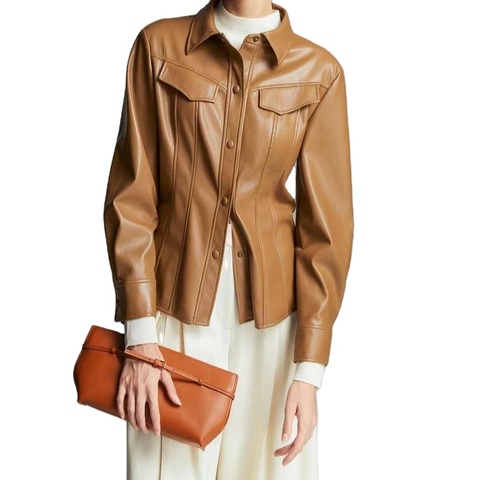 4257 Women Fashion Covered Button Long Sleeves Slim Casual Real Leather