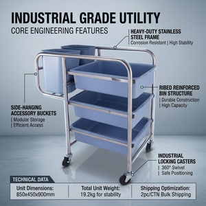 Chariot de collecte de vaisselle robuste en acier inoxydable à pousser à la main avec bacs, haute efficacité pour hôtels et restaurants - Product Image 3