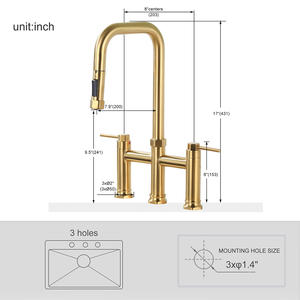 Gold Farmhouse Robinet <span class=keywords><strong>de</strong></span> cuisine 3 trous avec pulvérisateur à tirette, robinet <span class=keywords><strong>pont</strong></span> en laiton à 2 poignées à haut <span class=keywords><strong>arc</strong></span> avec bec pivotant à 360 ° - Product Image 6
