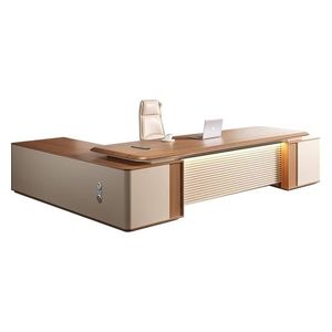 Juego de escritorio y silla ejecutiva Mibo Furniture en forma de L, gris claro, escritorio de oficina para una persona, escritorio de alta gama para presidente. - Product Image 4