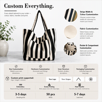 Sac fourre-tout en toile de coton noir de taille moyenne avec logo personnalisé, imprimé rayé et longue anse, idéal pour lancement de marque, fabrication OEM