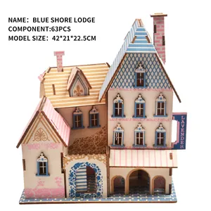 Puzle de juguete educativo de madera para niños, rompecabezas 3D de cuatro tablas, casa de madera azul, Puzzle de orilla