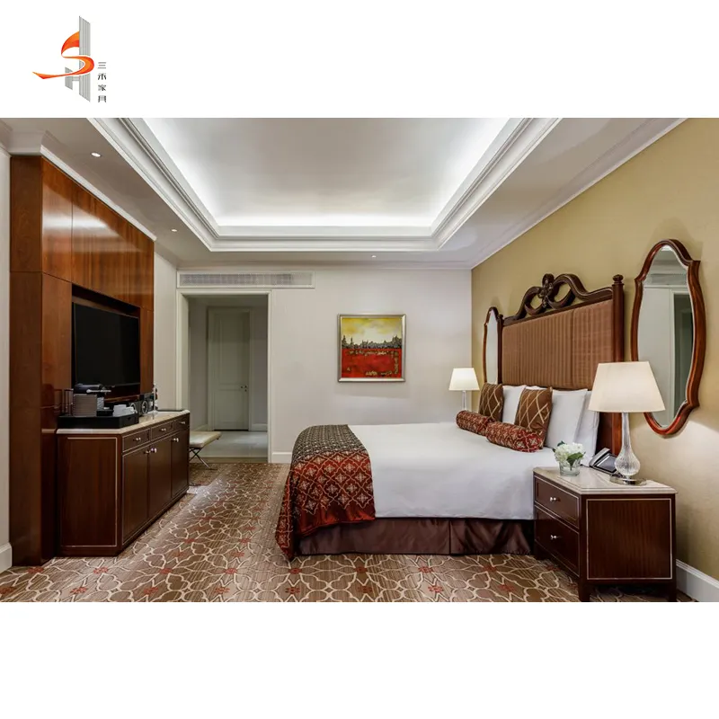 उच्च गुणवत्ता वाले होटल फ़र्निचर क्लासिक प्राचीन लकड़ी के बेडरूम सेट किंग साइज़ बेड फ़र्निचर