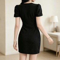 Robe mini noire pour femme avec nœuds blancs, manches courtes bouffantes, découpes, style moulant, robe de soirée élégante, tenue de club pour sorties nocturnes