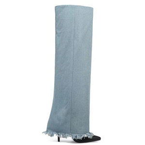 Custom Styles Women Denim Overlay Over Knee High Pants Boots Ladies High Heels Shoes Folded Pointed Toe Jeans Long <b>Booties</b> - Product Image 4