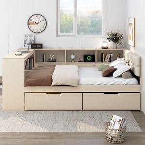 Lit et bureau combinés avec étagères de rangement et tiroirs, meubles de chambre à coucher peu encombrants pour enfants, adultes et personnes âgées, couleur camel - Product Image 2
