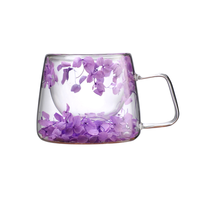 Tasse à café simple de 200 ml en verre double couche avec fleurs naturelles, design original et élégant, avec poignée, idéale comme cadeau
