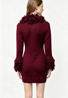 Robe Mini Tricotée Y2K Vintage Bordeaux Unie pour Femme, Col V, Col Moelleux, Manches Cloche, Extensible, Moulante, avec Franges Shaggy – Vente en Gros Personnalisée