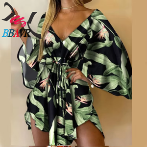 Nuevo Estilo Vestido de Fiesta Irregular con Estampado Floral de Verano, Manga 3/4, Elegante y Sexy para Mujer, Cuello en V, Holgado, con Cordones y Cinturón - Product Image 2
