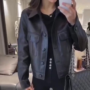 Offre Spéciale Moutons En Cuir Crop Veste Tournent Vers Le Bas Populaire Véritable Veste En Cuir Femmes - Product Image 3