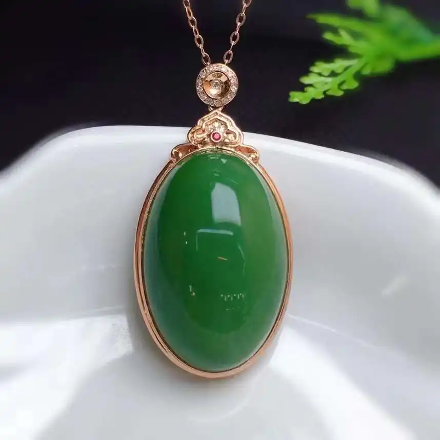 Dossgarite — bijoux en pierre précieuse naturelle, pendentif en jade vert jaspe de néhite de forme ovale, or 18k, 18x27mm