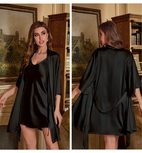 Conjunto de <span class=keywords><strong>pijama</strong></span> de satén de dos piezas de <span class=keywords><strong>verano</strong></span> para <span class=keywords><strong>mujer</strong></span>, cierre de cintura elástica, patrón sólido, camisón fino para el hogar con cabestrillo para <span class=keywords><strong>Amazon</strong></span> - Product Image 6