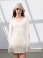 Pull en cachemire pur à 100% pour femme, col en V, tricot côtelé, manches cloche, coupe ajustée, chaud, doux, fin, élégant, pour l'hiver