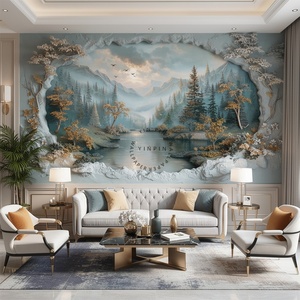 Papel Tapiz 3D en Relieve con Diseño <span class=keywords><strong>de</strong></span> Paisaje Fantástico Impermeable para Decoración <span class=keywords><strong>de</strong></span> Paredes del Hogar, <span class=keywords><strong>Ventanas</strong></span>, Rocas, Cielo, Montañas, Bosque y Río - Product Image 3