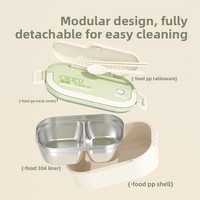 Boîte à lunch bento en acier inoxydable à 2 compartiments, portable avec poignée, pour préparation de repas, avec baguettes et cuillère, pour bureau, école, adultes et enfants