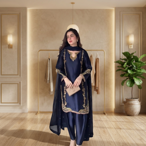 Traje Salwar TENNECY de crepé natural pesado con bordado de moti hecho a mano, manga larga, estilo fiesta para mujer, para todas las estaciones, sin arrugas, de secado rápido. - Product Image 1